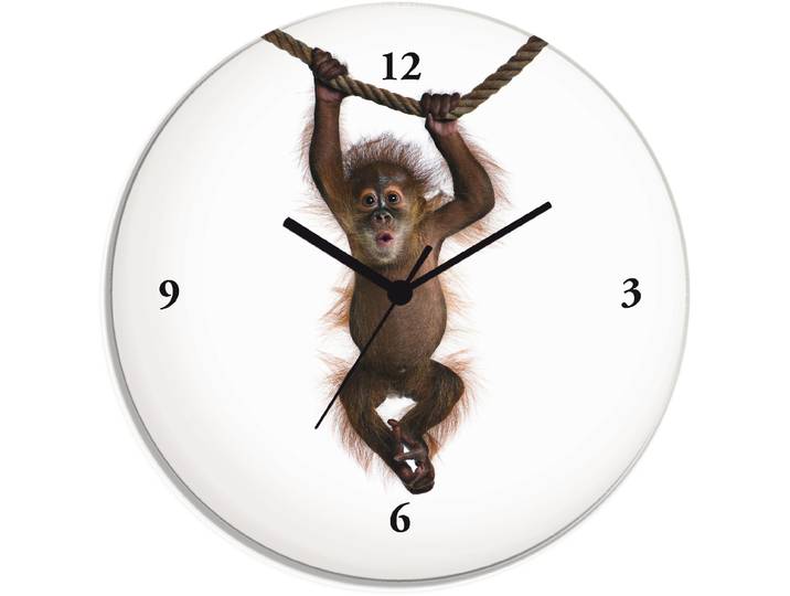 Wanduhr ARTLAND Baby Sumatra Orang Utan hängt an Seil , weiss (weiß), T:1,8cm, Wanduhren, Wanduhr, wahlweise mit Quarz- oder Funkuhrwerk, lautlos ohne Tickgeräusche