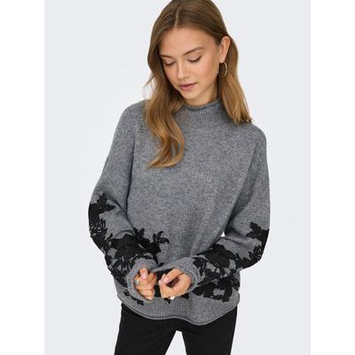 Strickpullover ONLY "ONLLISA LS HIGHNECK DETAIL EX KNT", Damen, Gr. M, grau (medium grau melange detail:schwarz embroidery), Strick, Obermaterial: 100% Polyacryl, bestickt, normal, hoch geschlossener Ausschnitt, Rollsaum, Pullover Strickpullover,...
