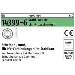 Peiner, Zubehör Befestigungstechnik, Scheibe EN 14399-6 rund 22 (23x39x4) Stahl 300 HV feuerverzinkt geschmiert