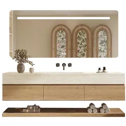 Wandhängendes Badmöbel-Set Travertin-Look mit Sinterstein Waschbecken Spiegel Unterschrank Ablage ohne Armaturloch 100×55 cm【YT9865-100 BKK】