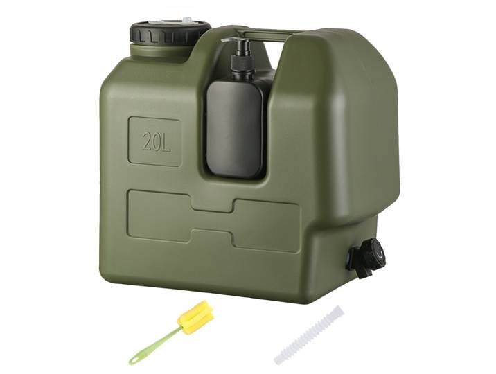 Bidon d'eau d'urgence 20L, grande capacité, en plastique, avec robinet et pot de désinfectant pour les mains, bidon de transport d'eau