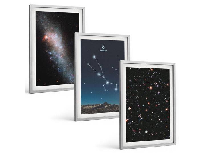 Tulup Bilder SET 3er Set - 40x60 cm Silberner Rahmen - Kosmische Landschaften des Sterns Stier, Silberfarben, Kunststoff, Rechteckig, 40x60 cm, gerahmt, Bilder & Rahmen, Bilder