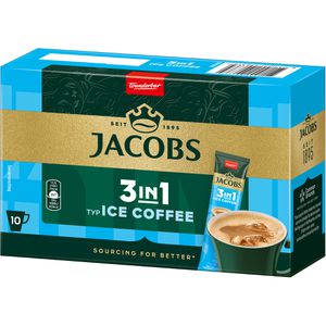 Jacobs Eiskaffee 3 in 1, Getränkepulver mit Instantkaffee, mit Kaffeeweißer & Zucker, 10 Portionssticks