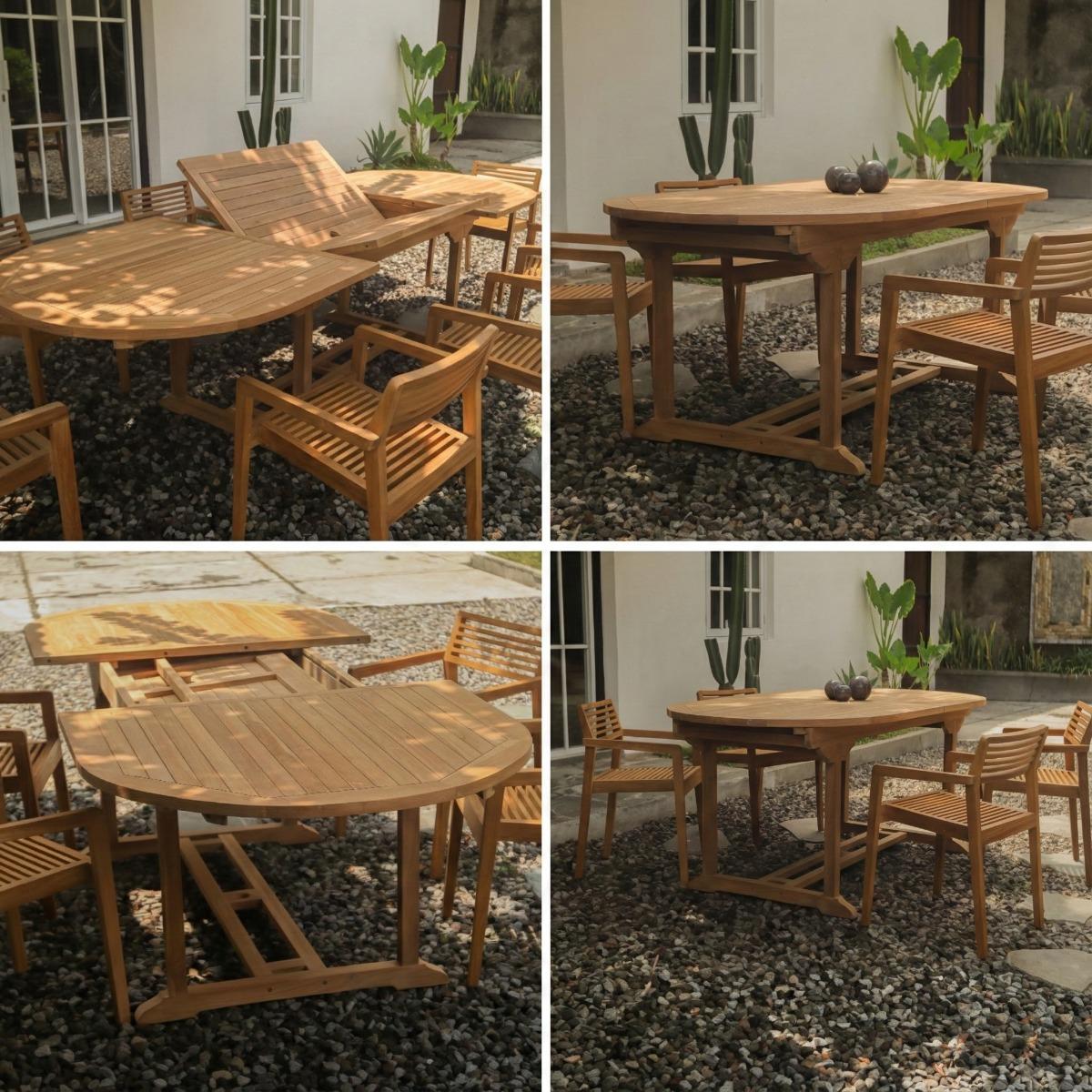 Teakea ausziehbarer Gartentisch, massive Teakholz, oval, 200 bis 300 cm, mit Sonnenschirmöffnung