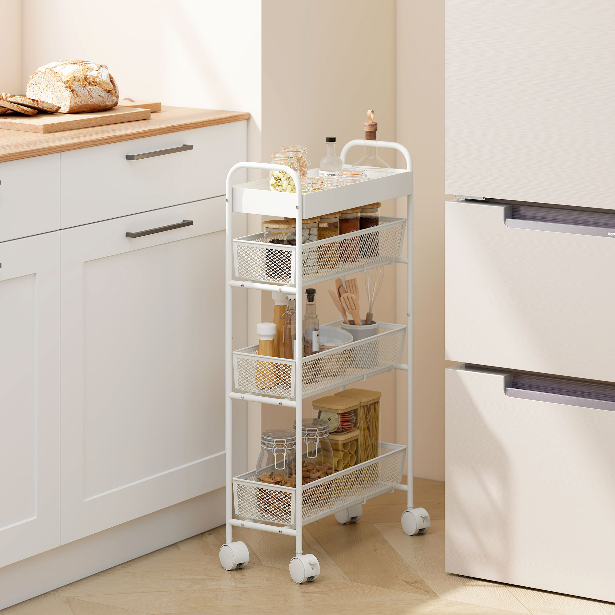 Homcom Carrello da cucina con 3 cesti e 4 ruote per cucina, soggiorno e bagno, in metallo, 43,2x19x80 cm, Bianco   Aosom Italy