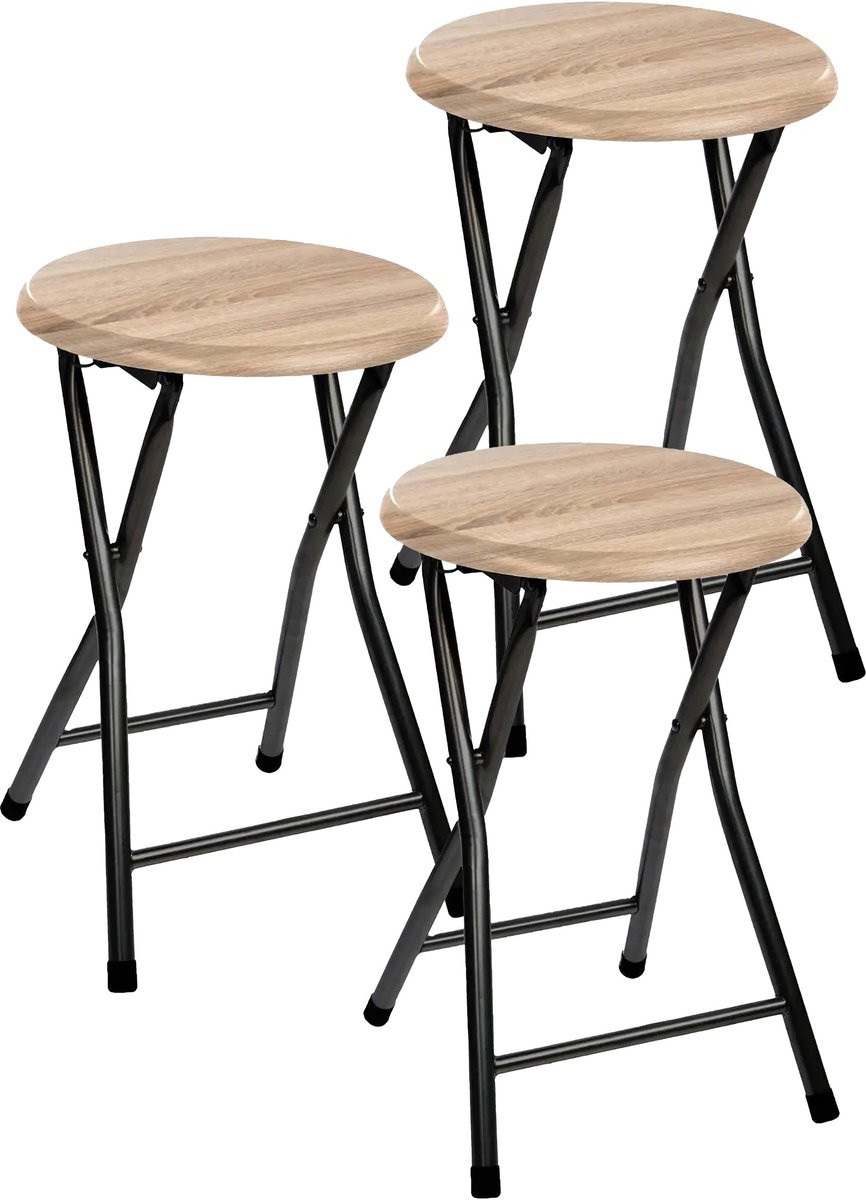 Set van 3 opvouwbare 5five bijzetkrukjes - Zwart/Hout - 30 x 46 cm