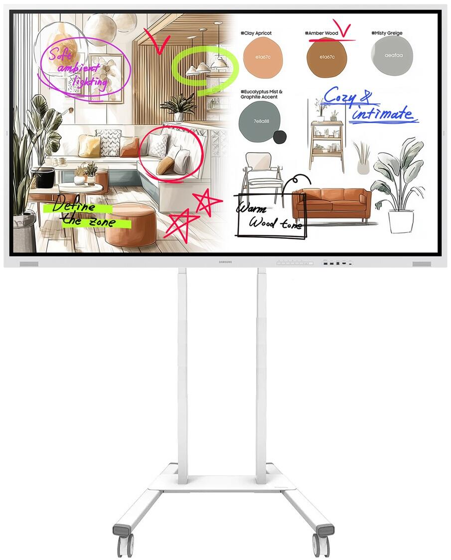 Samsung Flip WM85FX Flipchart 214,63 cm 85 Zoll inkl. Neomounts FL55-875WH1 MOVE Lift elektrisch höhenverstellbarer Rollwagen LH85WMFWLGCXEN+FL55-875WH1