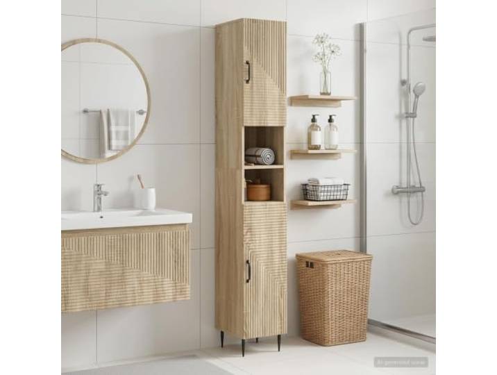 Badezimmerschrank HAARLEM mit offenem Regal Sonoma-Eiche Holzwerkstoff Offenes Regal, umkehrbare Tür, feuchtigkeitsbeständig, kompaktes Design, pflegeleicht