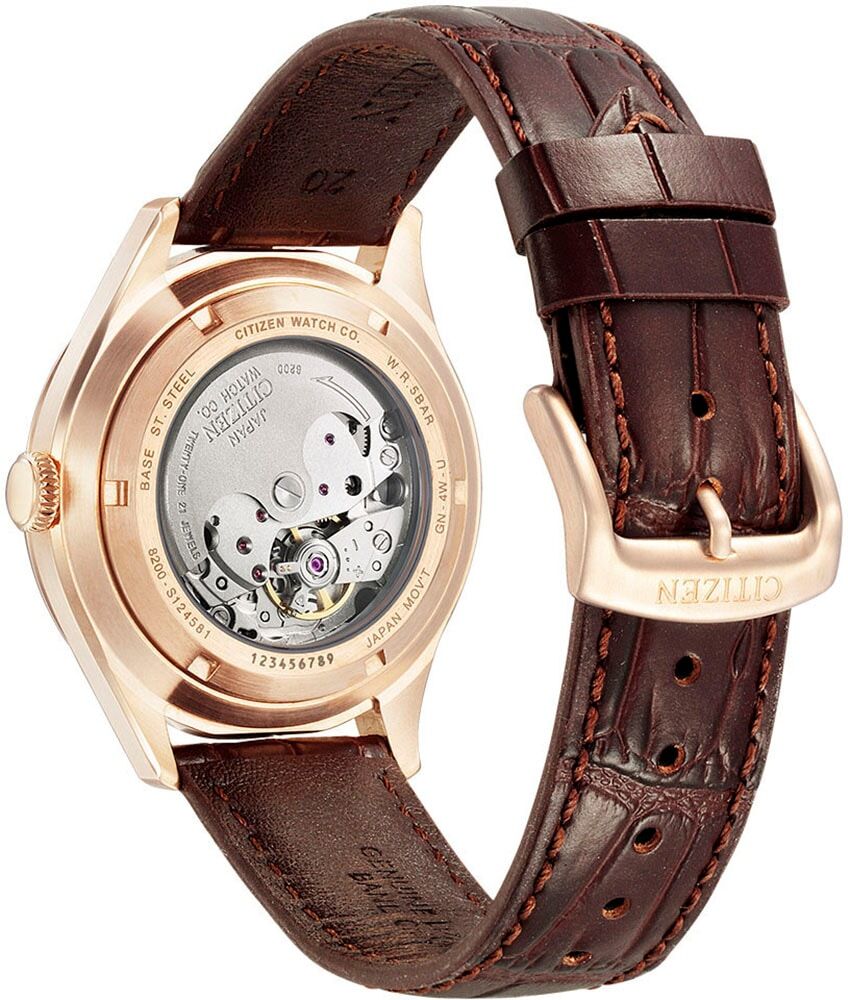 Automatikuhr CITIZEN "Crystal Seven", braun, Armbanduhren, Herren, Automatikuhr, Armbanduhr, Mechanische Uhr, Herrenuhr, Datum, Lederarmband