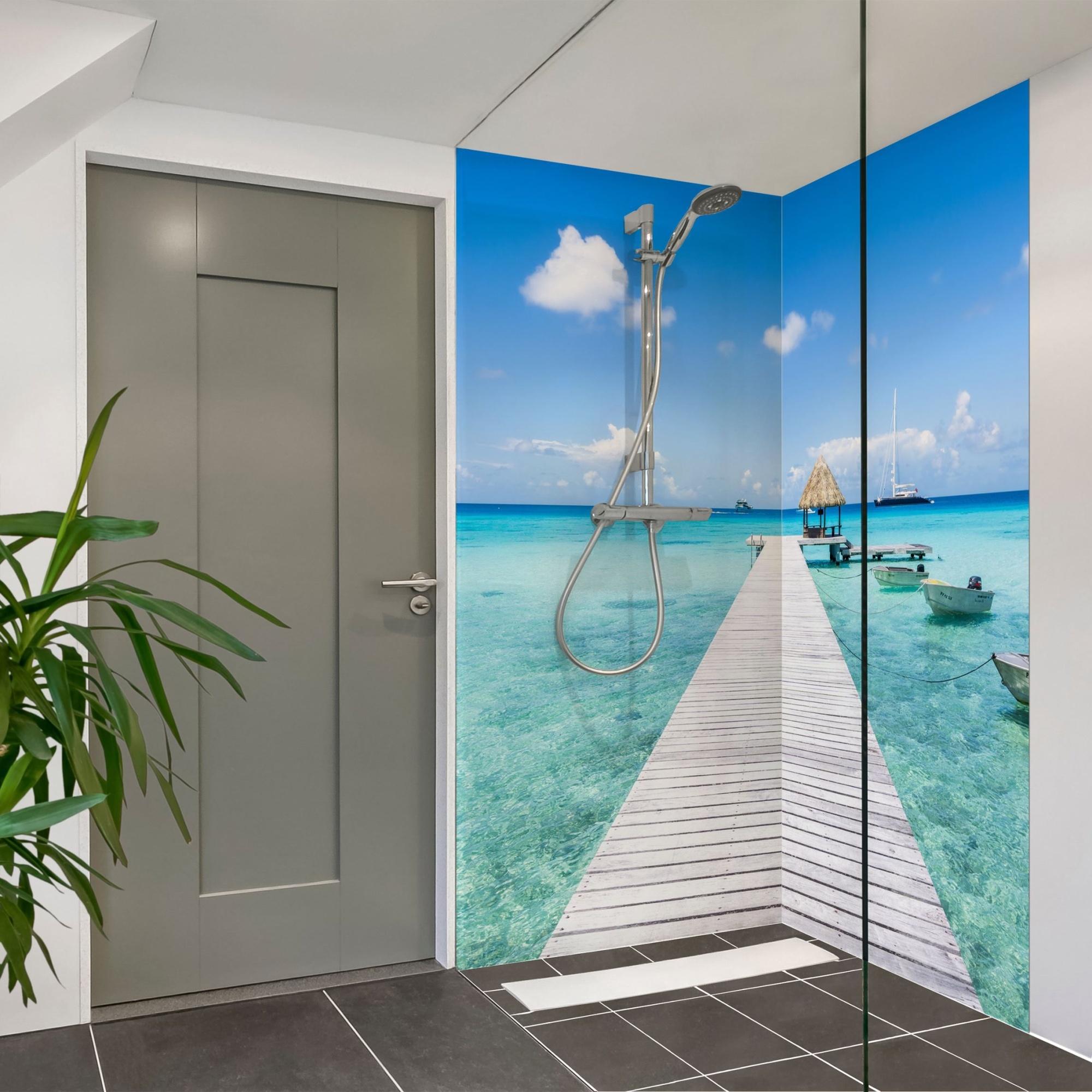 Duschrückwand Strand selbstklebend - 0.35 mm Wandpaneel wasserfest Karibik türkis Tropisch Badrückwand fugenlos Smart matt 110x210 cm