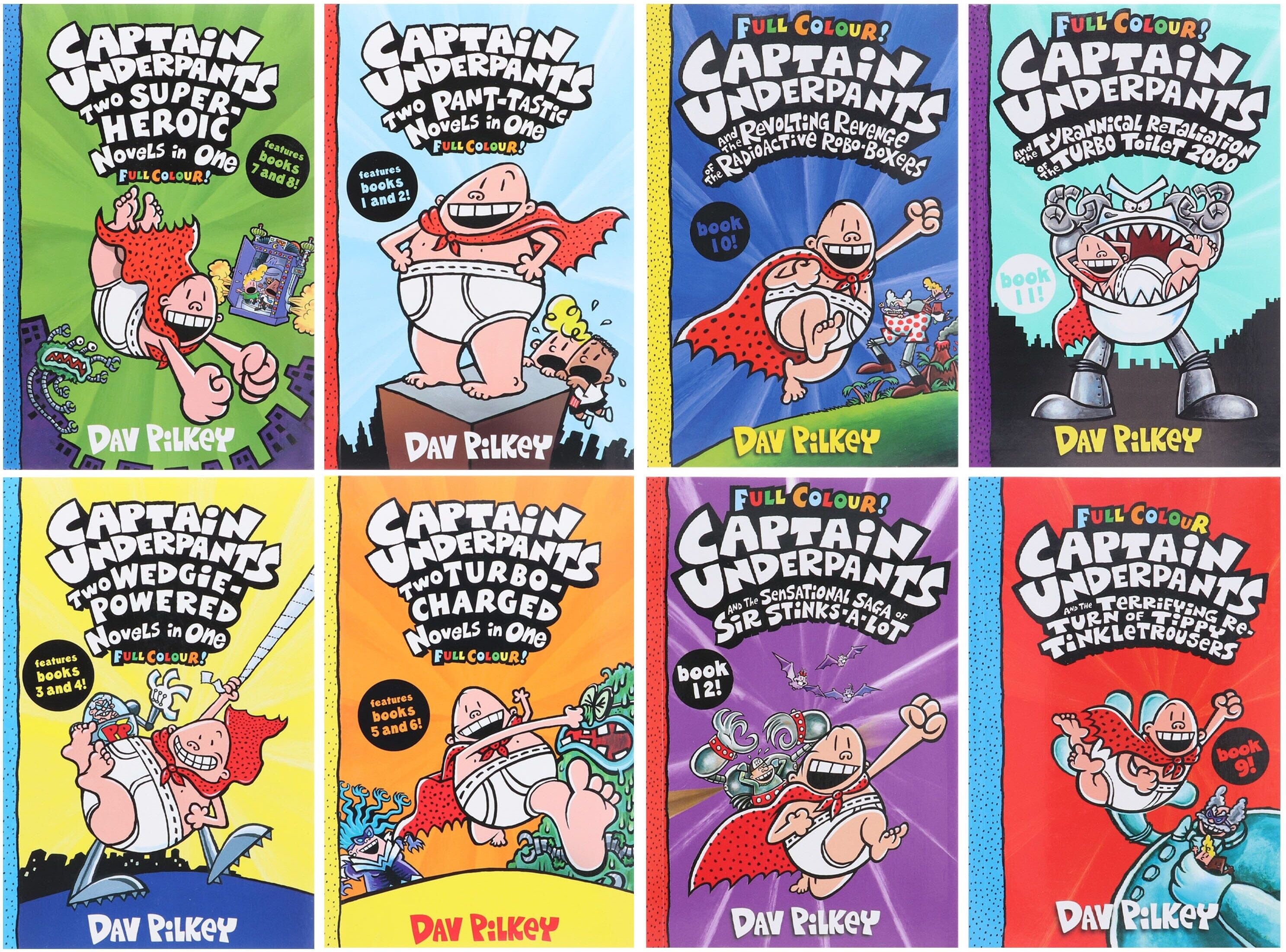 Captain Underpants Full Colour Illustrated Series (Book 1-12) by Dav Pilkey: 8 Books Collection Set - Ages 7-11 - Paperback Scholastic