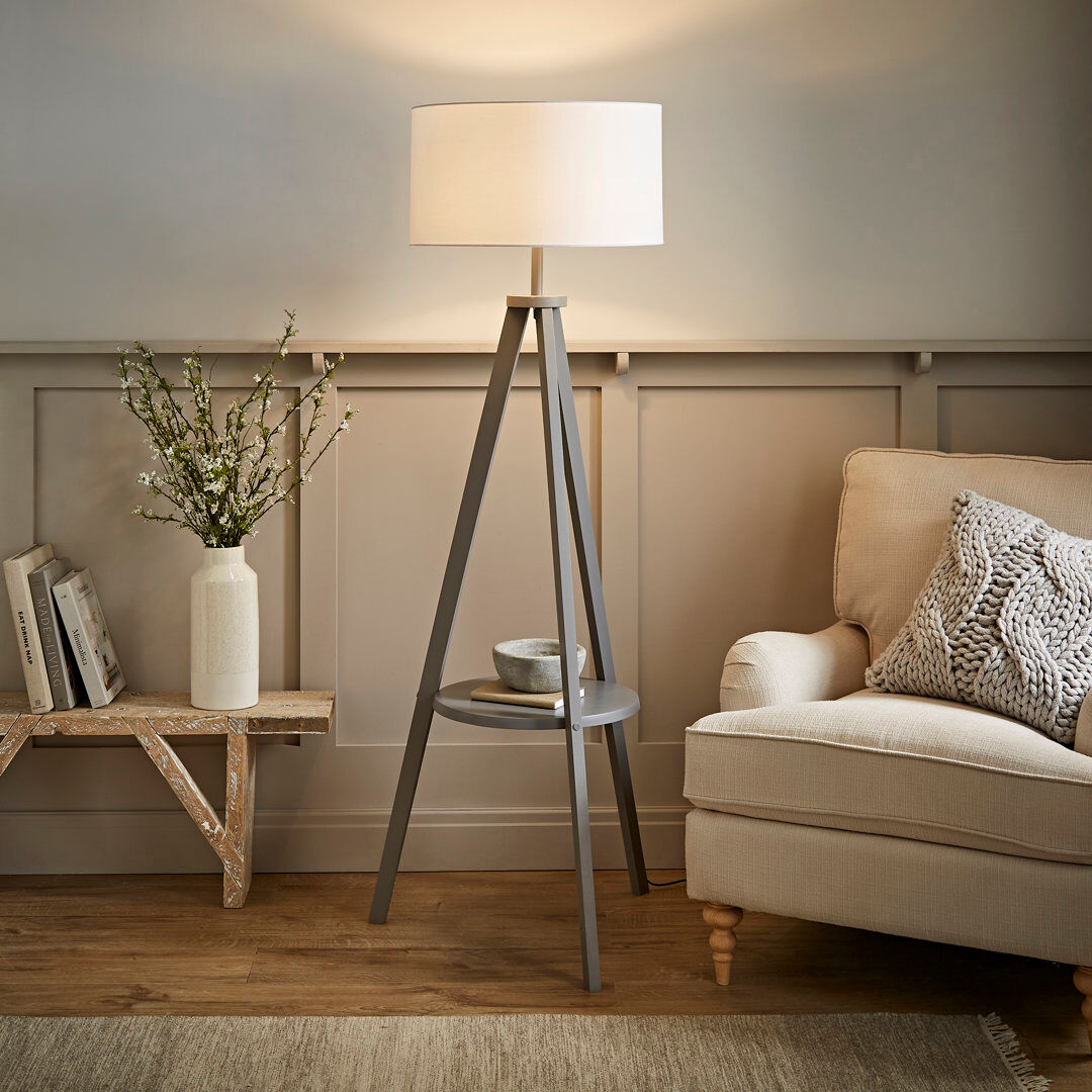 Brayden Studio Ismay 149 cm Morrigan Wood Tripod Floor Lamp with Shelf & XL Reni Shade White/Grey 149cm H X 55cm W X 55cm D