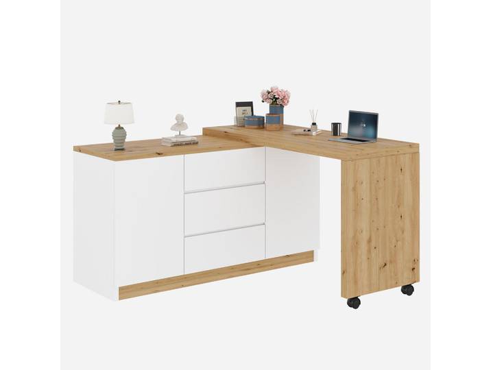 Flieks Schreibtisch Rollen drehbar 4cm Tischplatte Weiß Eiche multifunktional, 50x76.5x120 cm, Büromöbel, Schreibtische, Schreibtischkombinationen