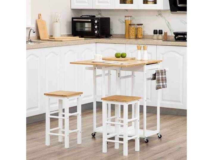 Ensemble table de bar - PAGE LIVING - Table de bar pliable avec 2 tabourets - Pliable - Roulettes (2 freinées) - 2 tiroirs