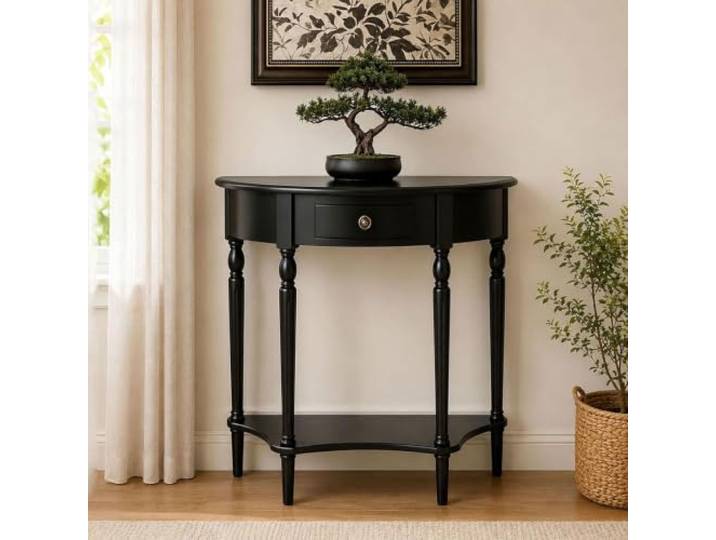 Halb mondförmiger Konsolentisch 80cm breit,schmaler Eingangstisch Schublade Beistelltisch im Landhausstil,Beine aus Massivholz,für die Dekoration von Fluren,Eingangsbereichen(black,80*35*88cm)