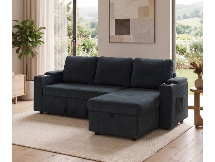 HOMALL Sofa Bequemes Eck-Schlafsofa, mit Schlaffunktion und Bettkasten,Becherhaltern