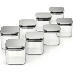 Arendo Glasbehälter Set 8er 8×0,8 L Borosilikatglas, Edelstahldeckel mit Silikonring, mikrowellengeeignet, Vorratsbehälter, Transparent, Silber