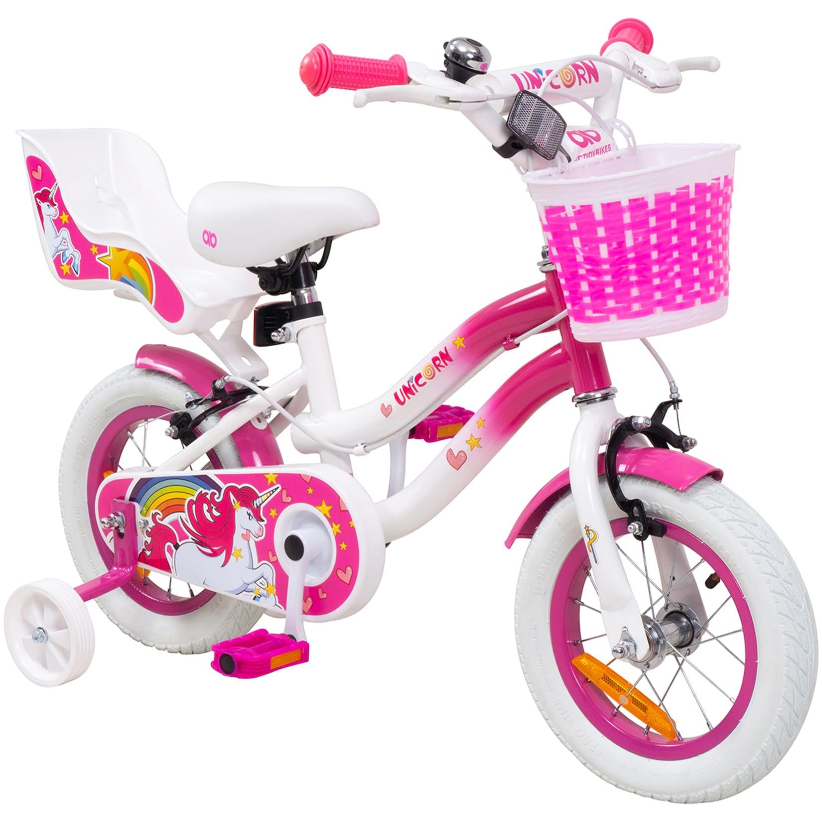 Actionbikes Kinderfahrrad Unicorn 12 Zoll, Pink, Einhorn-Design, Puppensitz, Stützräder, Fahrradkorb