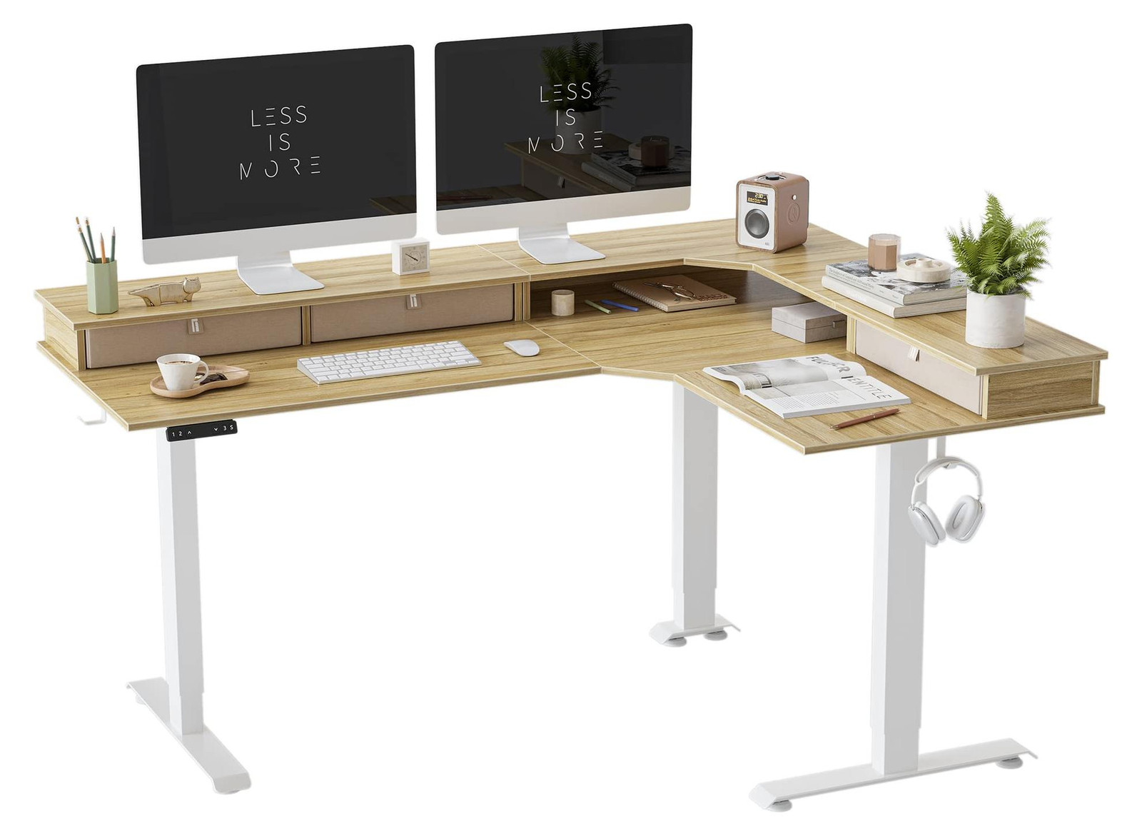 Selius Elektrisch Verstelbaar L-vormig Bureau - Hout Composiet - B: 140 cm, D: 160 cm