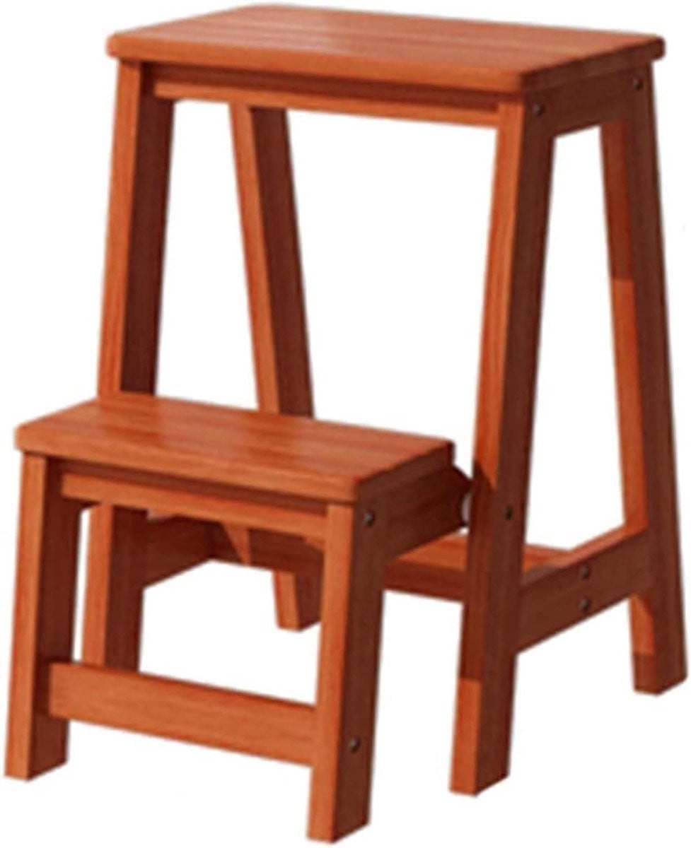 Multifunctionele houten vouwladder en kruk voor huishoudelijke klusjes, Houtkleur, B/D/H: 36 x 48 x 56 cm