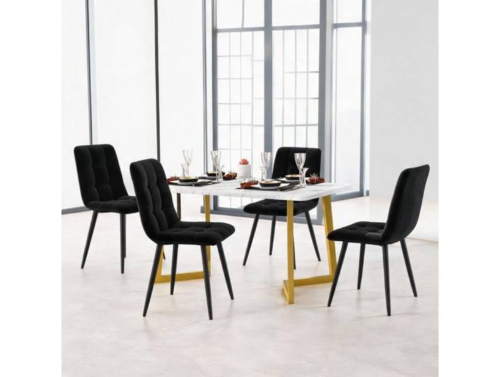 Set table rectangulaire 117cm avec 4 chaises velours noir et métal doré design compact cuisine