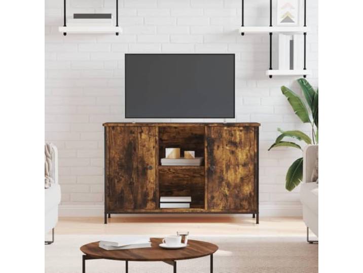 HEFZGDB TV-Schrank Räuchereiche 100x35x65 cm Holzwerkstoff mit Eisenbeinen, 2 Fächer und 2 Ablagen für Multimedia Geräte, Industriestil Wohnzimmer Möbel, Stauraum Lösung