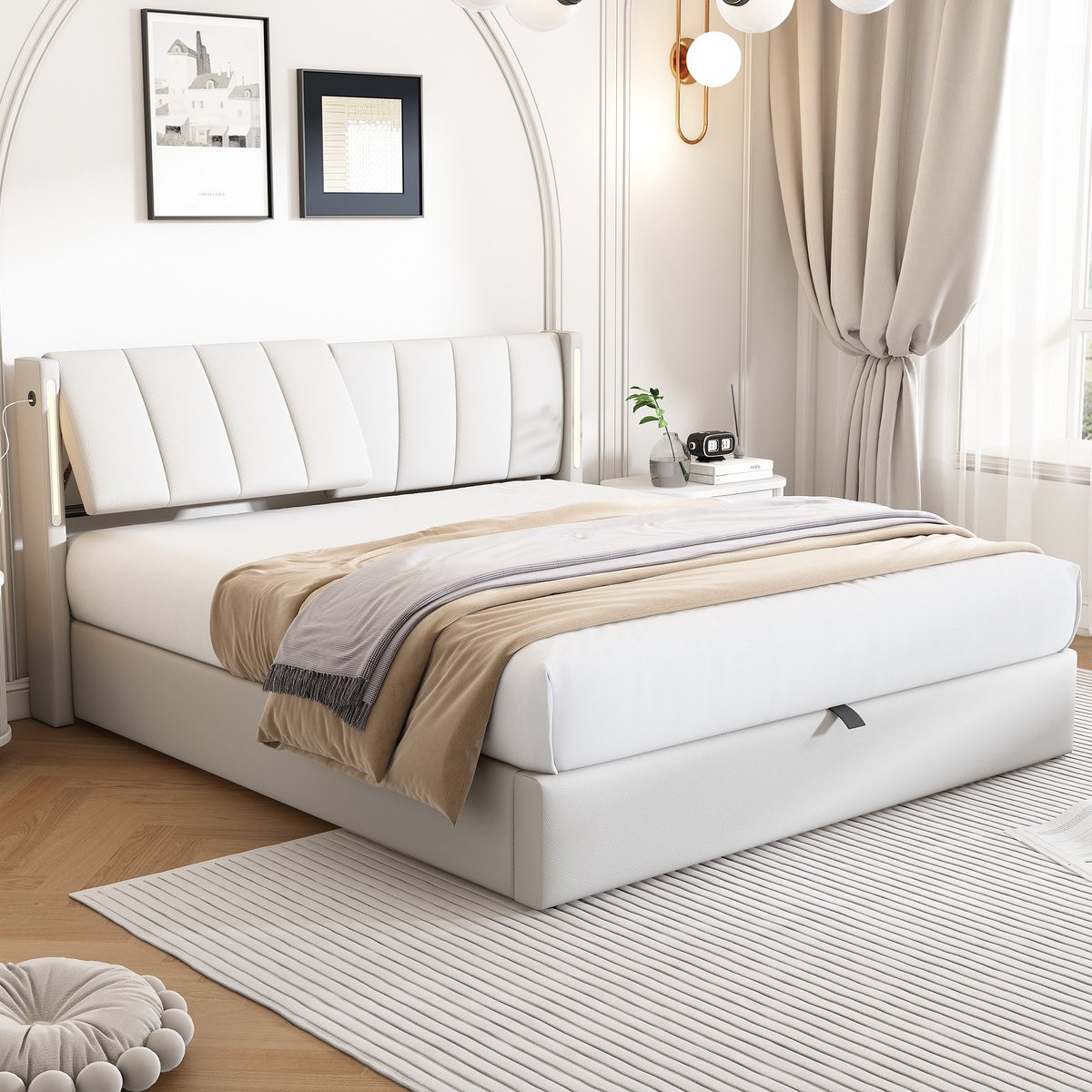 Polsterbed Opbergbed met USB-laadfunctie en LED-verlichting, Wit PU, B/D: 140 x 190 cm