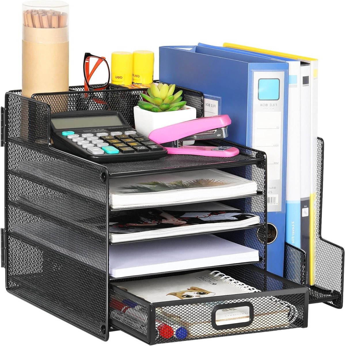 Vijflaags Bureau Organizer met Verticale Bestandsordner en Tijdschriftenhouder - Zwart