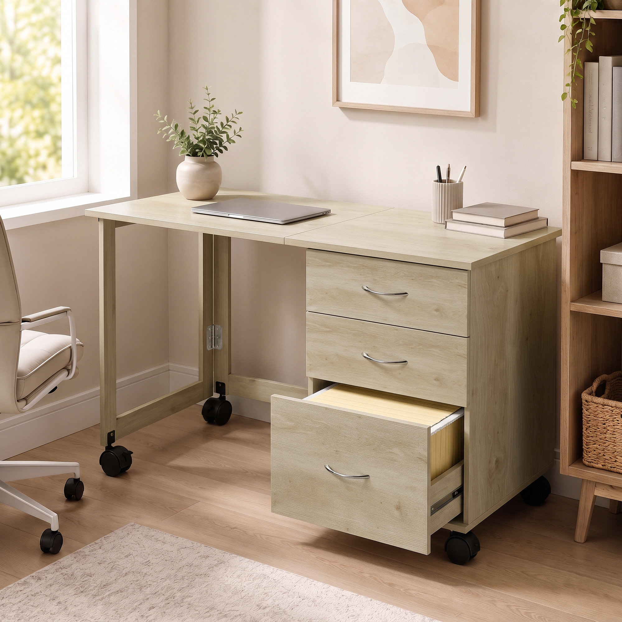 Homcom Scrivania Ufficio Pieghevole con 3 Cassetti, 4 Ruote con Freno, Rovere   Aosom Italy