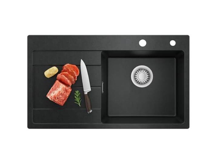 CECIPA Spülbecken mit Abtropffläche, Spüle Küche 78x45 cm Schwarz Granit Spüle Küche, Spülbecken Schwarz aus Granit mit Abtropffläche, Küchenspüle für 45 cm breite Unterschränke, Waschbecken Küche