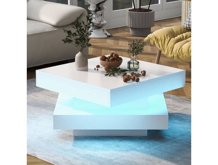 Table basse blanc carré 360°pivotante avec LED Style moderne salon 70x70x36 cm