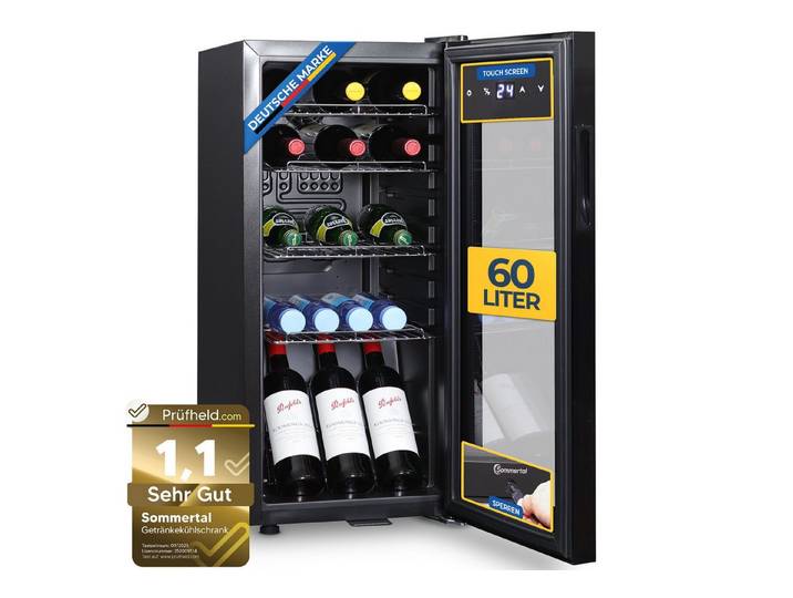 Sommertal Getränkekühlschrank GK50, 70 cm hoch, 35 cm breit, Touchscreen & Schloss kleiner Flaschenkühlschrank schwarz 50L