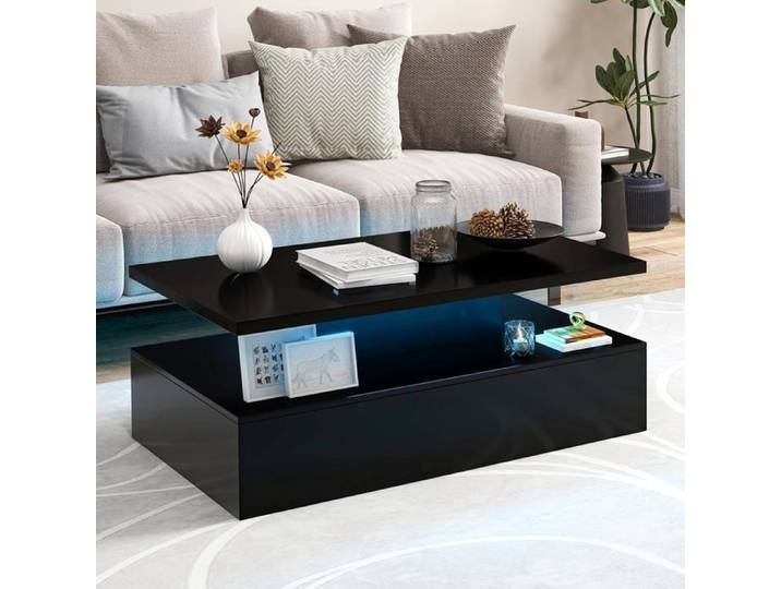 Table Basse Salon à 2 Niveaux- COSTWAY - 20 Lumières LED Réglables avec Télécommande - Table Basse Noir Brillant