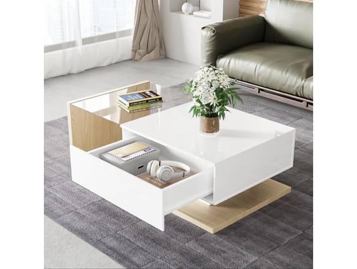 YAIXBNG Couchtisch in Hochglanzweiß und Holzfarbkombination. Beistelltische, Couchtische mit Glas und LED-Effekt