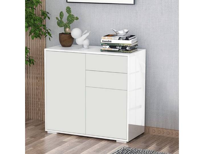 Buffet de rangement - Buffet bas 79 x 36 x 74 cm - Blanc brillant - 2 portes 2 tiroirs - Ouverture par pression