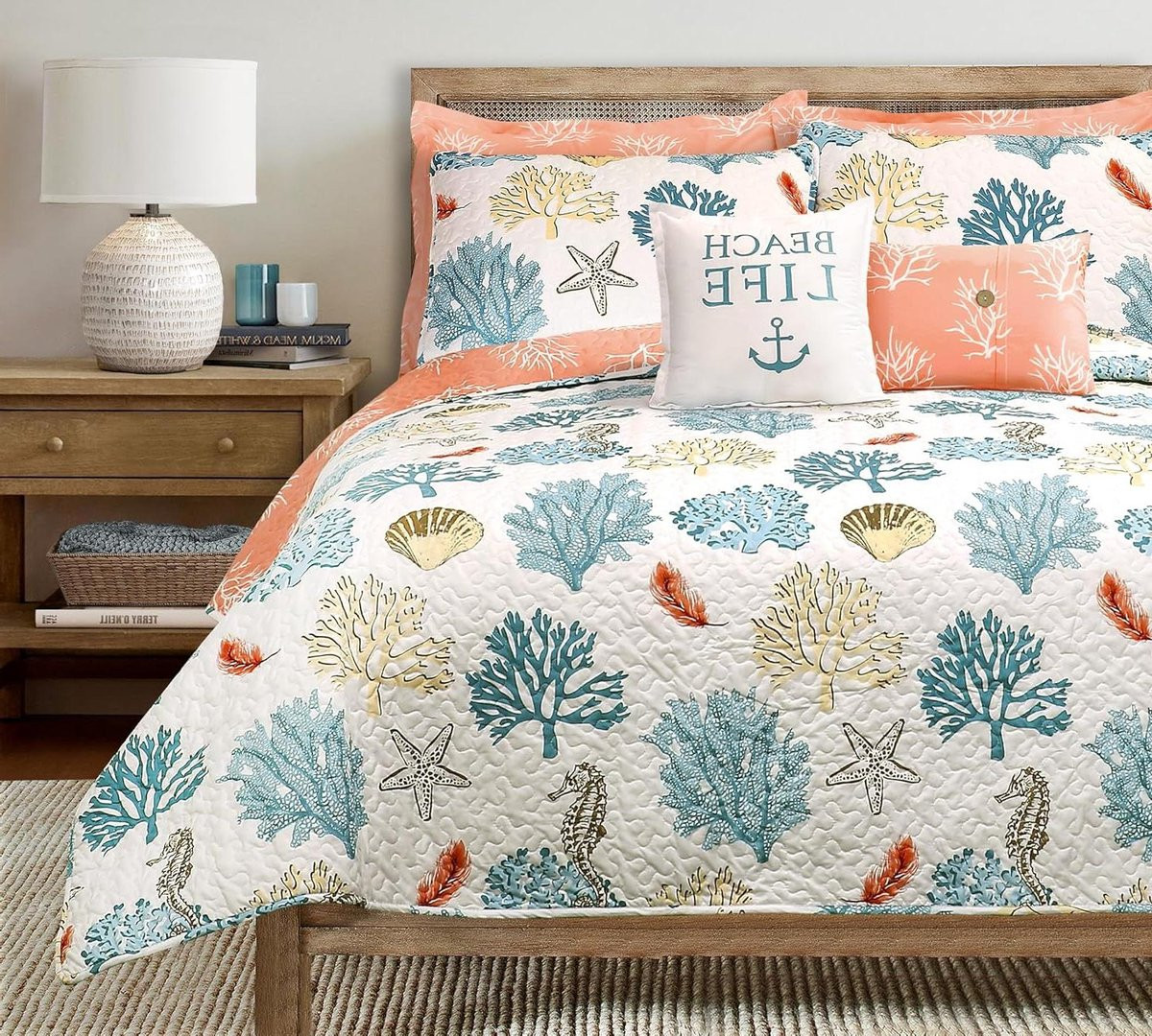 Dekobettwäsche Set Blau/Koralle - Wendbare Quilt voor de slaapkamer - 220 x 220 cm