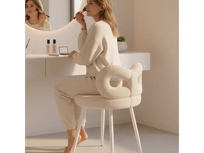 Tabouret de coiffeuse dossier arc en fausse laine acier au carbone 150 kg pour chambre et bureau