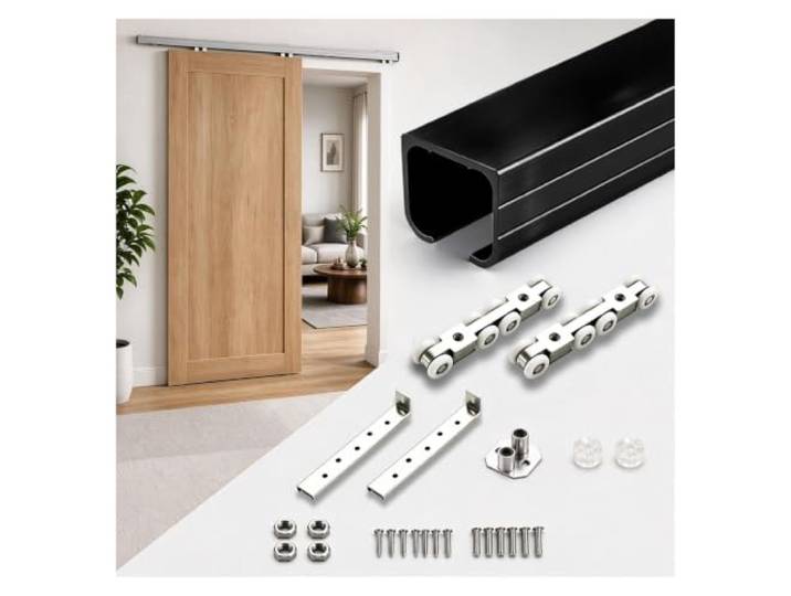 Leises Schiebetürbeschlag Set Schrank DIY Tür Ersatz 100–300 cm rostfreie Aluminium-Gleitschiene mit Bodenführung Rollen, Silber/Schwarz/Gold