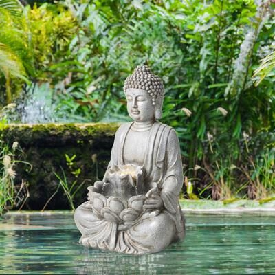Glitzhome Polyresin Meditating Buddha Frog Statue Outdoor Water Fountain with LED Lights