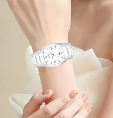 Inspire Select LIGE Elegant Square Women's Quartz Watch Luxury Ceramic Stainless Calendar Ladies Wristwatch white
