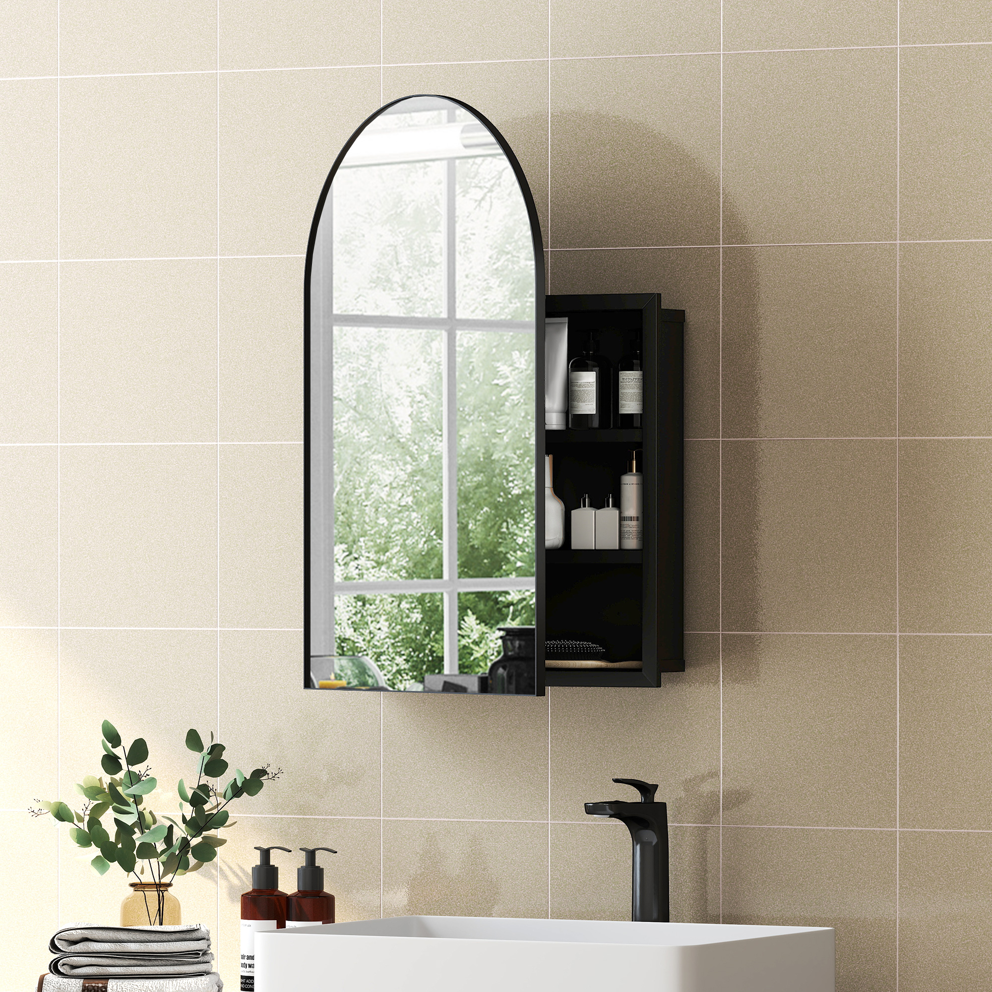 Homcom Armadietto con Specchio da Bagno, Porta Curva 180° e 3 Ripiani, 50x12x76 cm, Nero   Aosom Italy