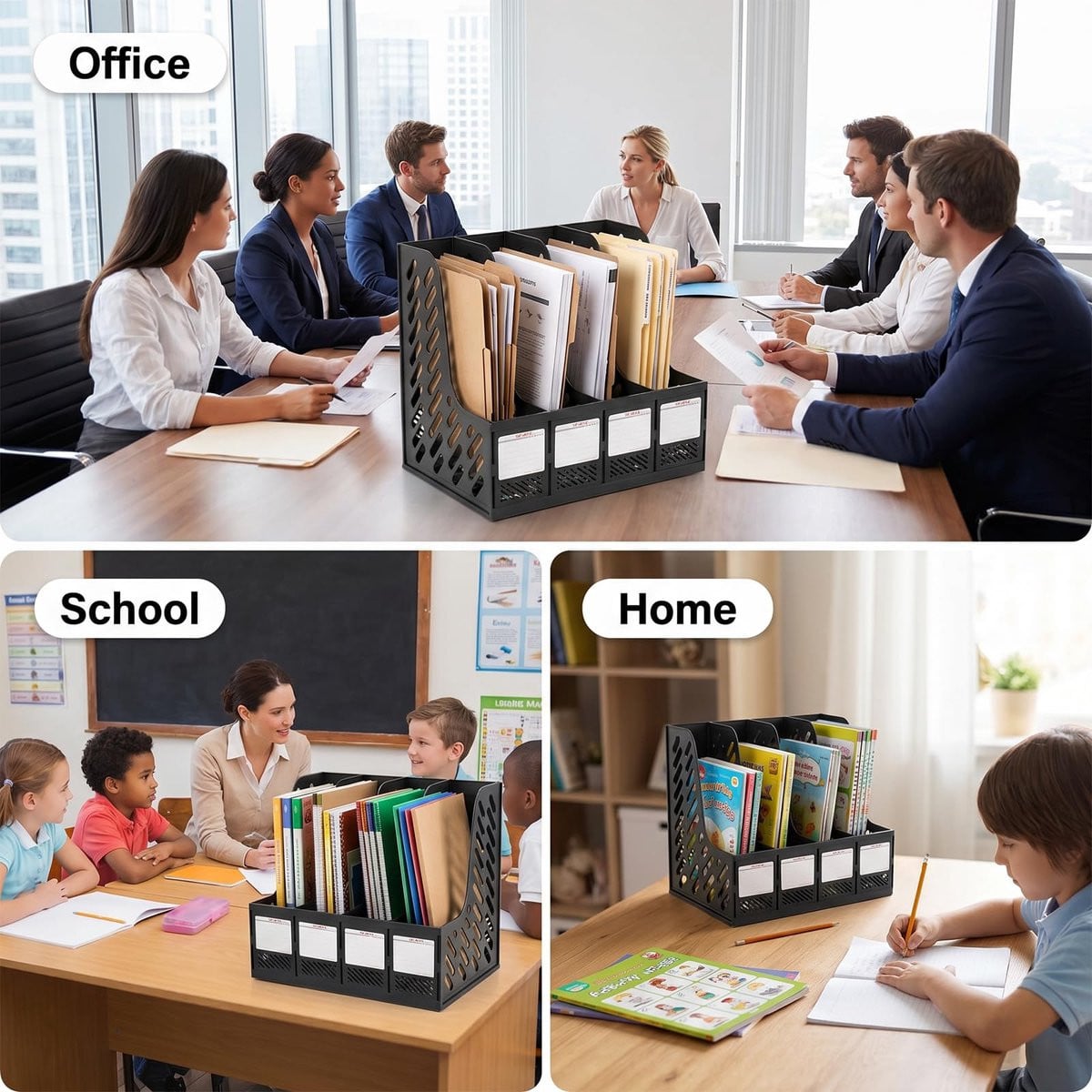 Tijdschriftenhouder met 4 vakken - Verticale plastic bureau-organizer en documenthouder