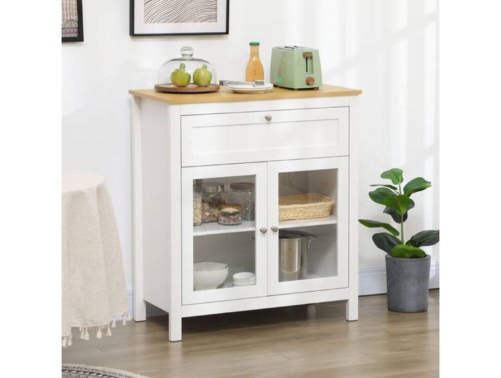 Buffet - 80 x 40 x 90 cm - Blanc - 1 tiroir - 2 portes en verre