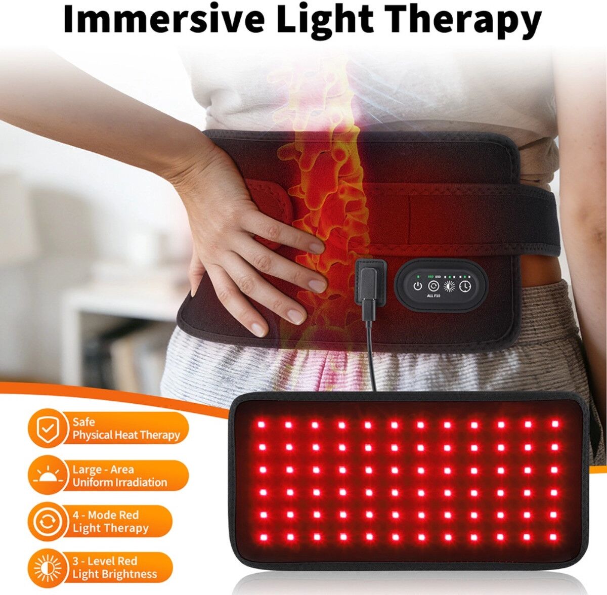 INF Rotlicht-Wärme-Therapie Taillengürtel - 72-LED Dualband Rot & Nahinfrarot, 3 Intensitätsstufen, Neopren