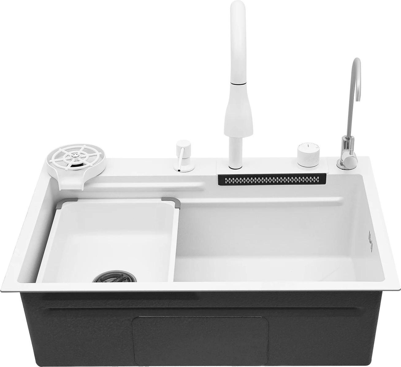 Küchenspüle, Schallschutzwirkung, Ausziehbarer Wasserhahn, WEISS