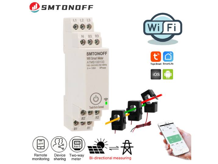Moniteur d'énergie intelligent triphasé WIFI Tuya 100A avec transformateur de courant externe CT 380V /415V 50Hz 60Hz