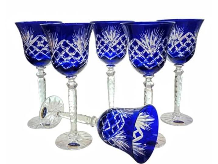 MaRika Kobaltblaue Kristall Weingläser Set – 280 ml, handgefertigt – 6er Set, ideal für Rotwein und Weißwein, elegantes Geschenk für jeden Anlass