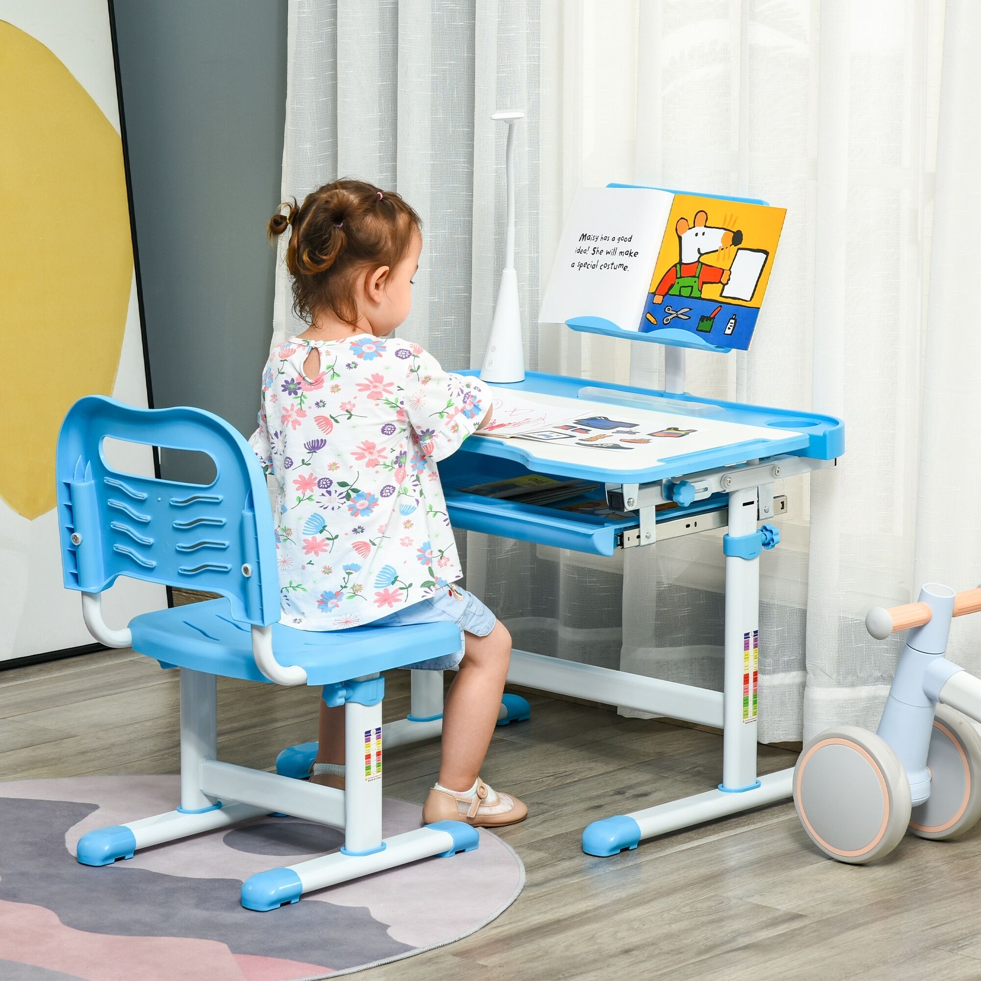 Altro Banco Scuola Con Sedia Per Bambini 6-12 Anni Con Altezza E Inclinazione Regolabile, Blu