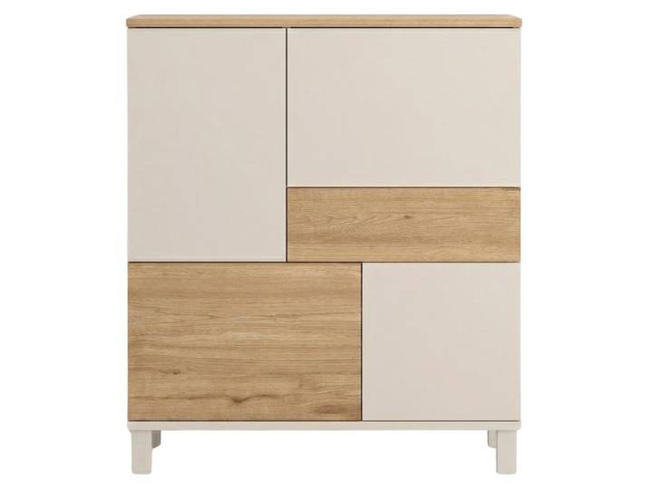 CALICOSY - Highboard with 4 doors, 1 drawer, cashmere and oak decor, W87 cm - KORA