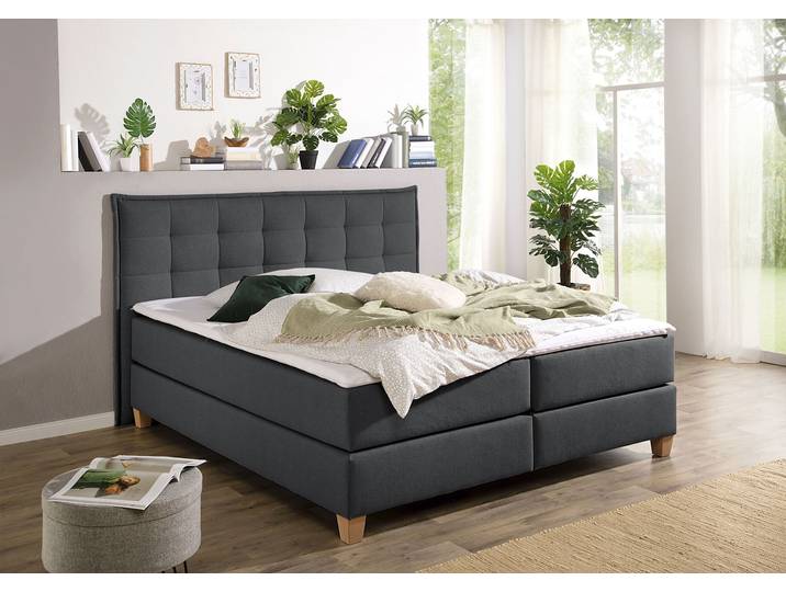 Boxspringbett, Strukturstoff, Anthrazit, 180×209 cm, Komfortschaum-Topper, Klassisch, Home-affaire